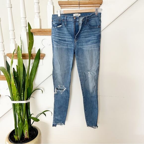 Madewell 10" High Rise Skinny Jeans Distressed Raw Hem Medium Wash Denim Sz 29 - Picture 1 of 8